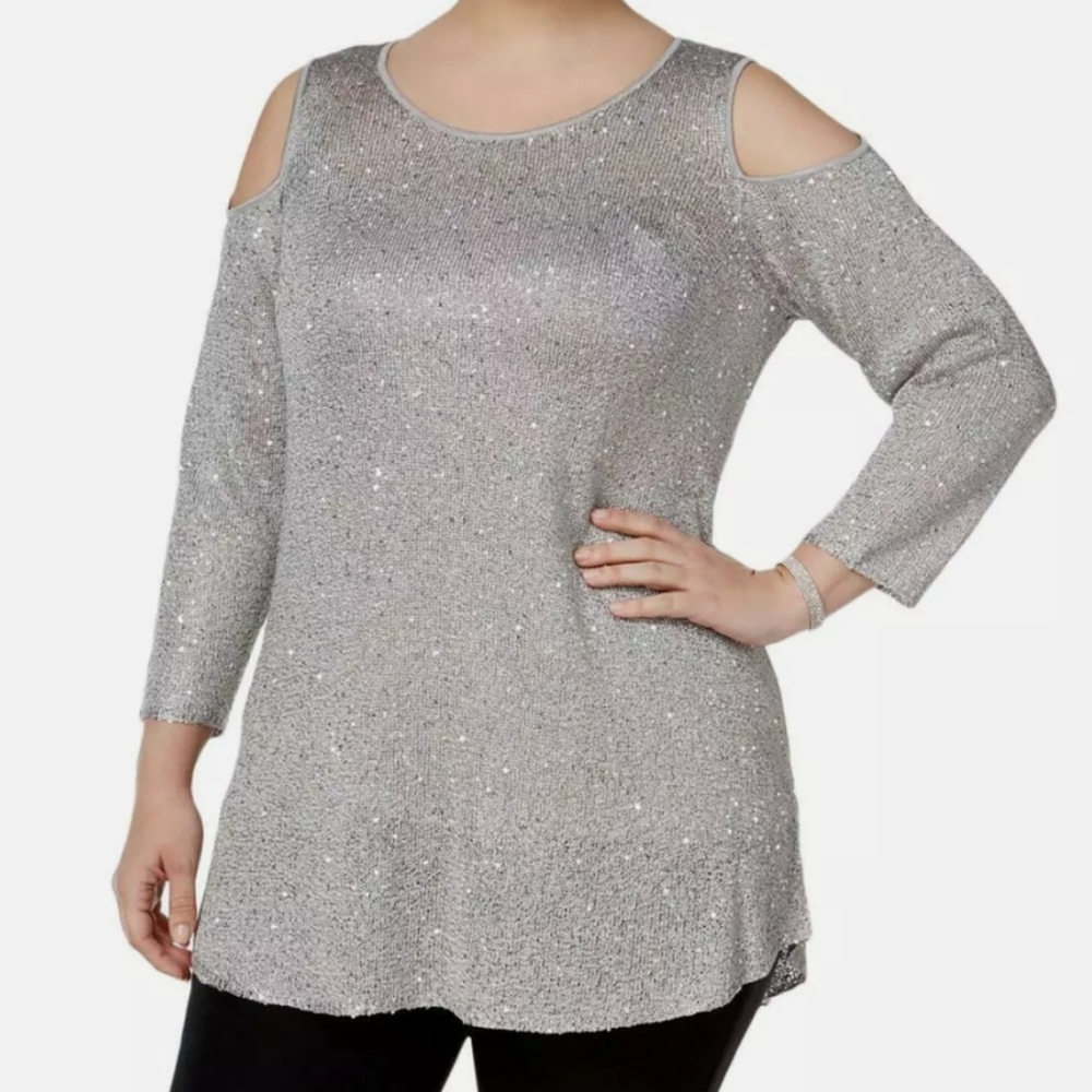 Alfani Silver Metallic Sequined Pullover Sweater